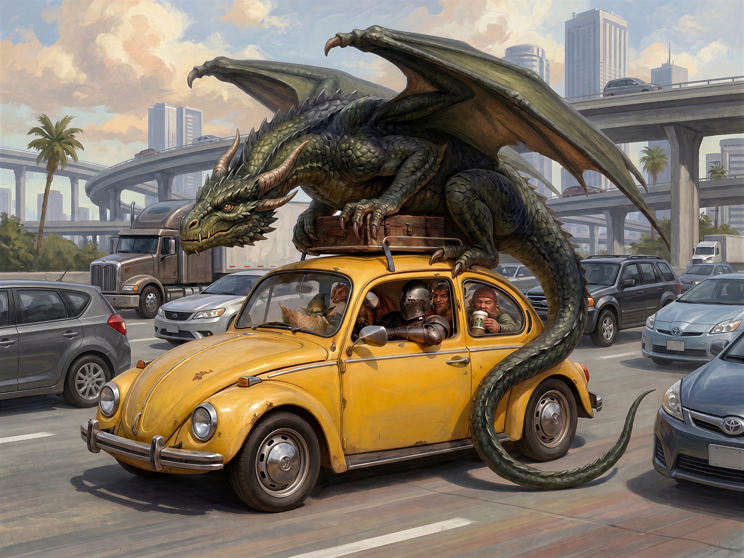 A dragon rides atop a yellow Beetle filled with adventurers in city traffic; the rear passenger holds a lidded coffee cup.