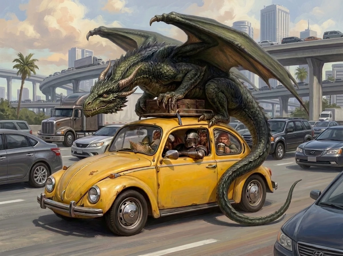 A dragon rides atop a yellow Beetle filled with adventurers in city traffic.